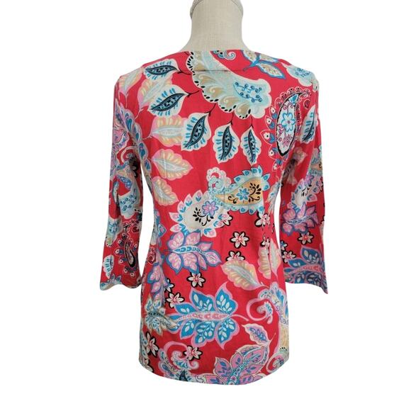 Talbots Red Paisley Tunic Top With Neckline Appliqué Details XL Boho Preppy - Picture 8 of 11